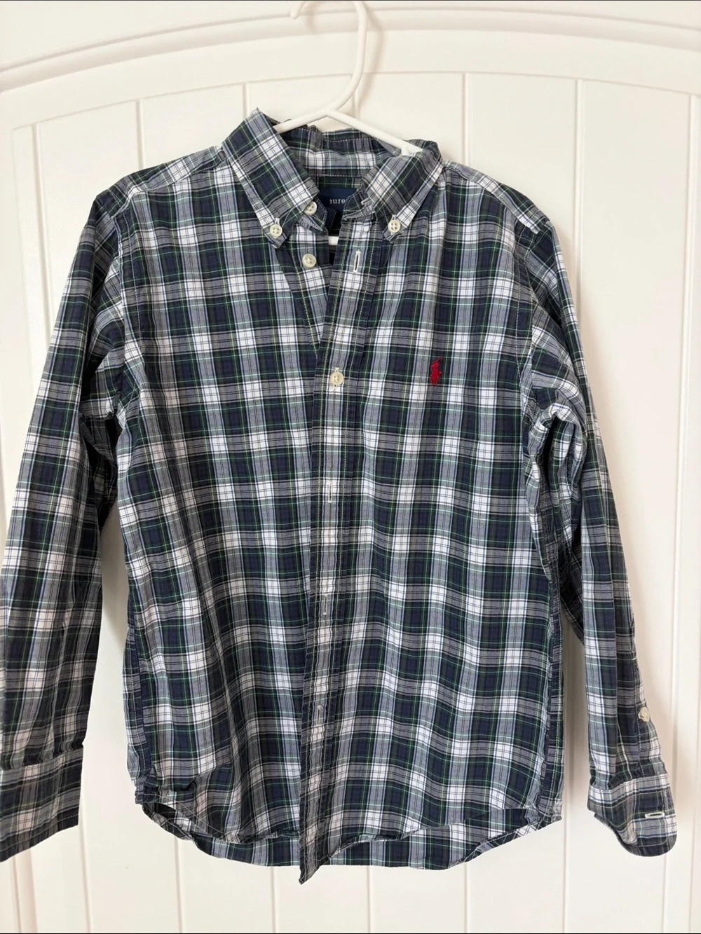 Ralph Lauren Navy & Green Plaid Button-Down Shirt with Red Polo Logo